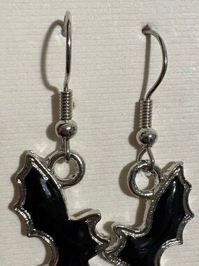Silver tone Bat Drop Earrings with Black Enamel